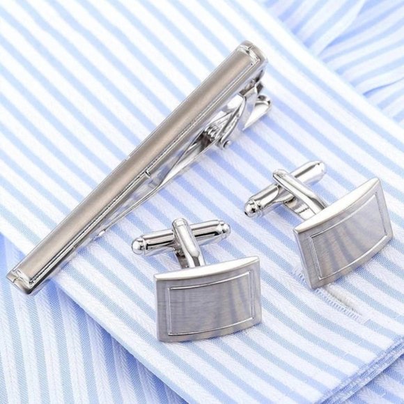 Stainless Steel Cuff Links Tie Clip Set - Picture 1 of 5